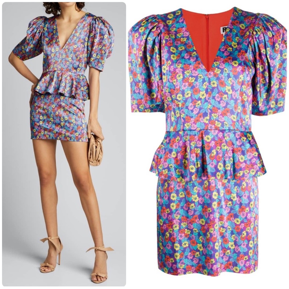 ROTATE‎ Womens Poppy Floral Peplum 80s Retro Maximalist Mindy Mini Dress Size 2